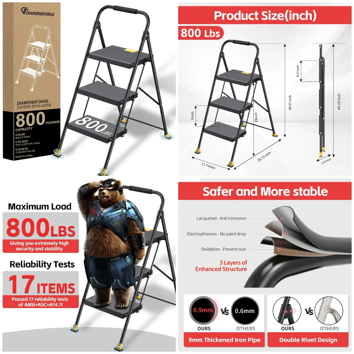 

Foldable Step Ladder 3-Step Heavy Duty with Handrails, 800Lbs, Indoor Stair Ladder for Home Kitchen