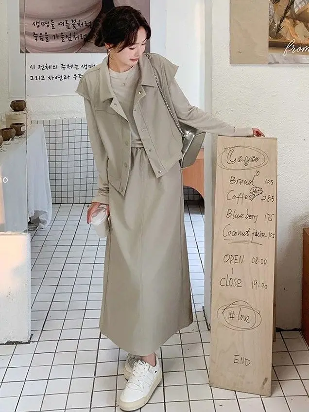 

Корейский повседневный костюм-тройка: жилет, юбка и топ с длинным рукавом, весна-осень 2026, новинка, круглый вырез, женский комплект