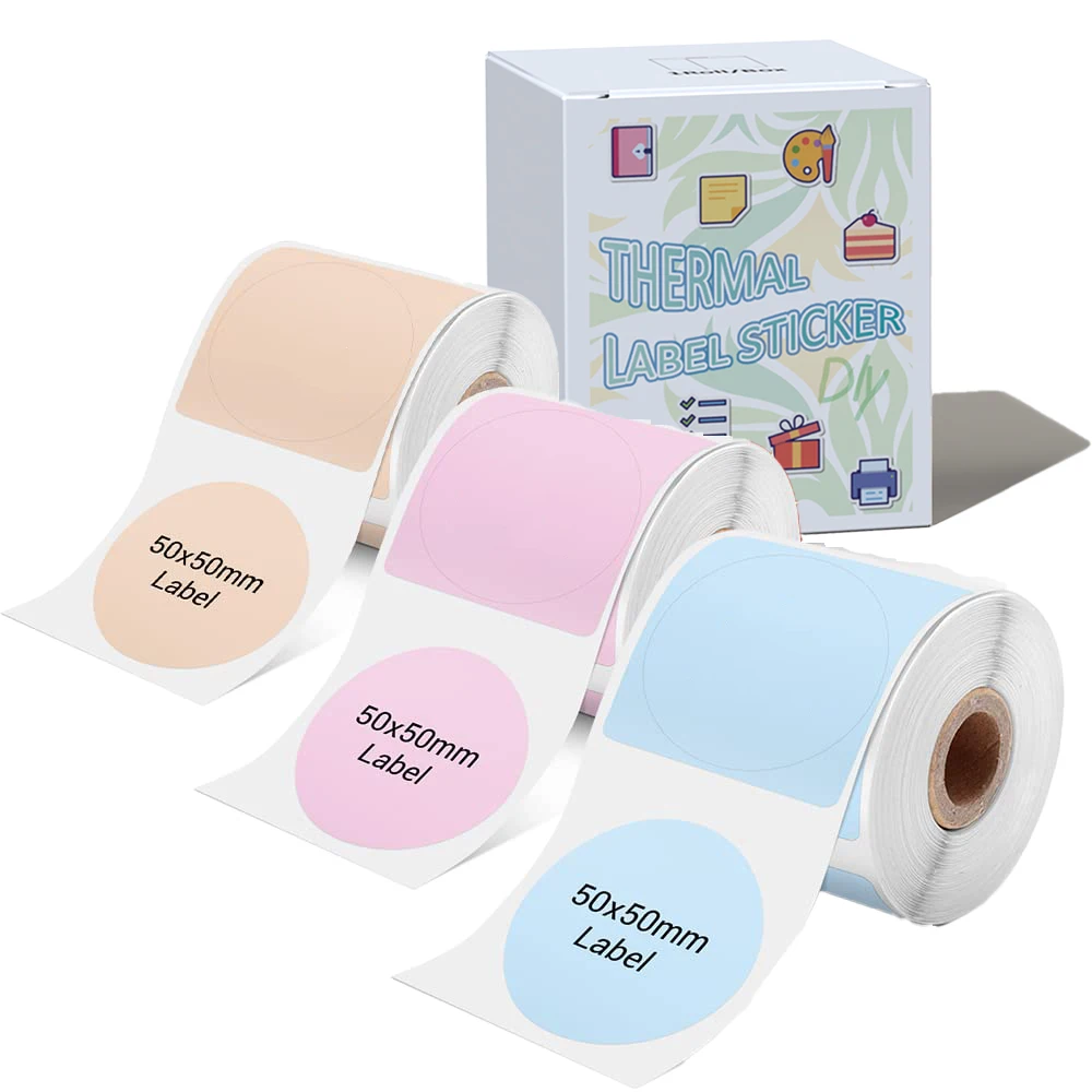3PCS 50x50mm Round Multicolor Thermal Adhesive Labels - Waterproof/Oil-Proof, Fit M110/M120/M200/M221/M250, Home/Office 140/Roll