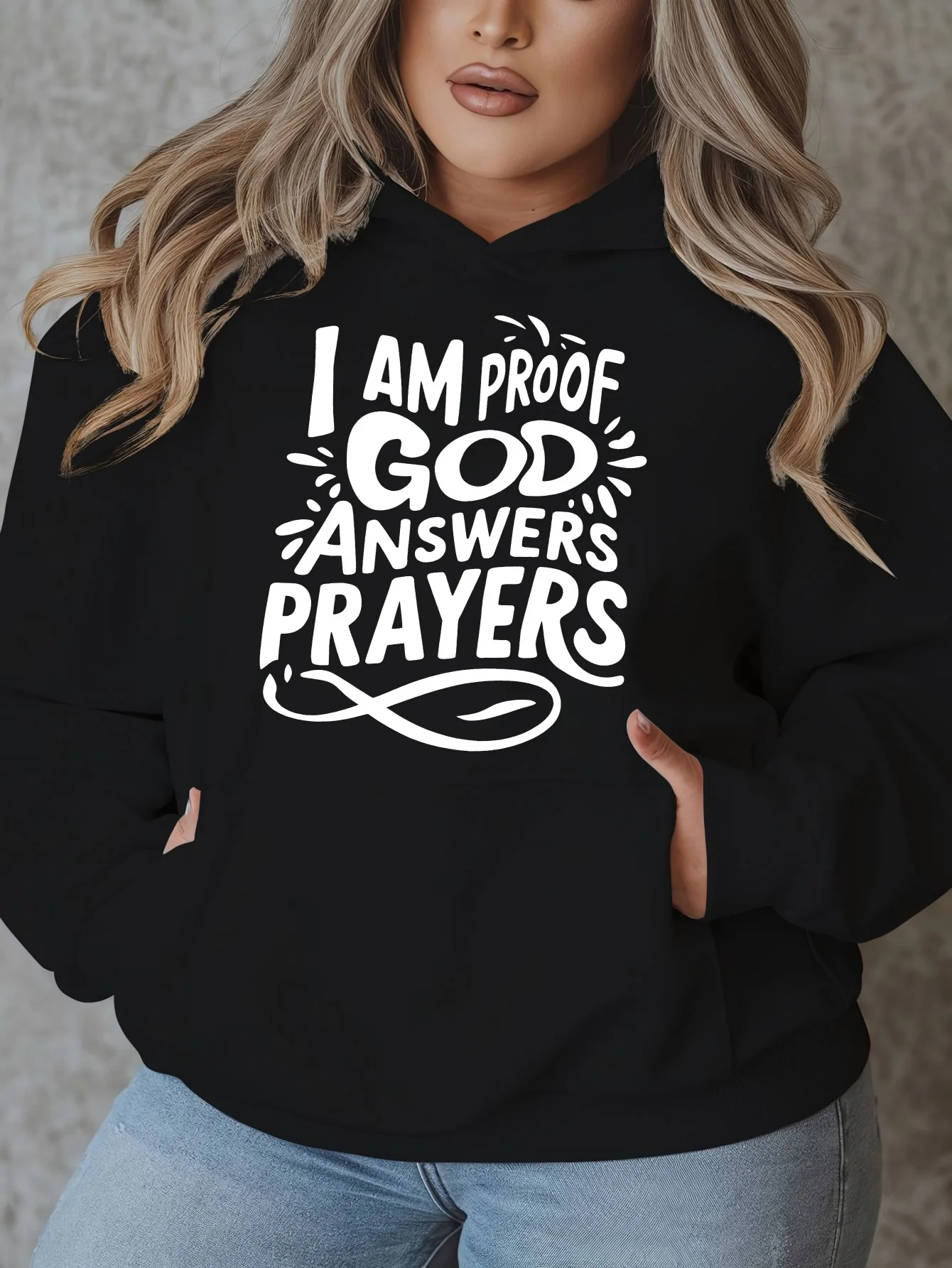 سويت شيرت كاجوال بقلنسوة مع أنا برهان إجابة الله الصلاة طباعة بلوفر بأكمام طويلة مع جيوب تصميم هندسي نابض بالحياة