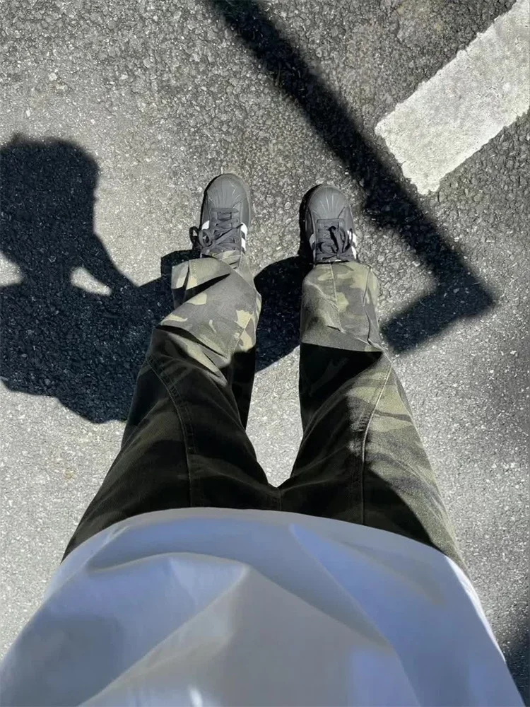 

Мужские летние тонкие джинсы прямого кроя в американском стиле High Street Vibe, камуфляжные, для работы, повседневные, свободного кроя, с эластичным поясом