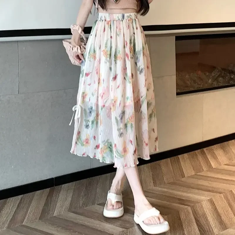 Spódnice damskie midi z wysokim stanem, w kwiaty, szyfonowe, Harajuku, trend odzieżowy 2025, styl koreański, wysokiej jakości streetwear, moda, spódnica damska.