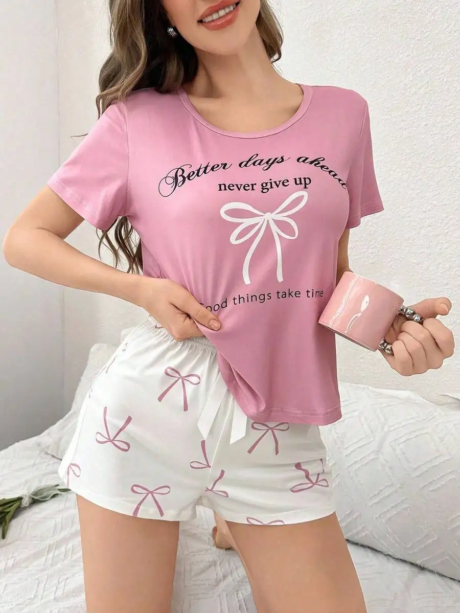

Bow And Letter Print Short Sleeve Pajama Set For Women