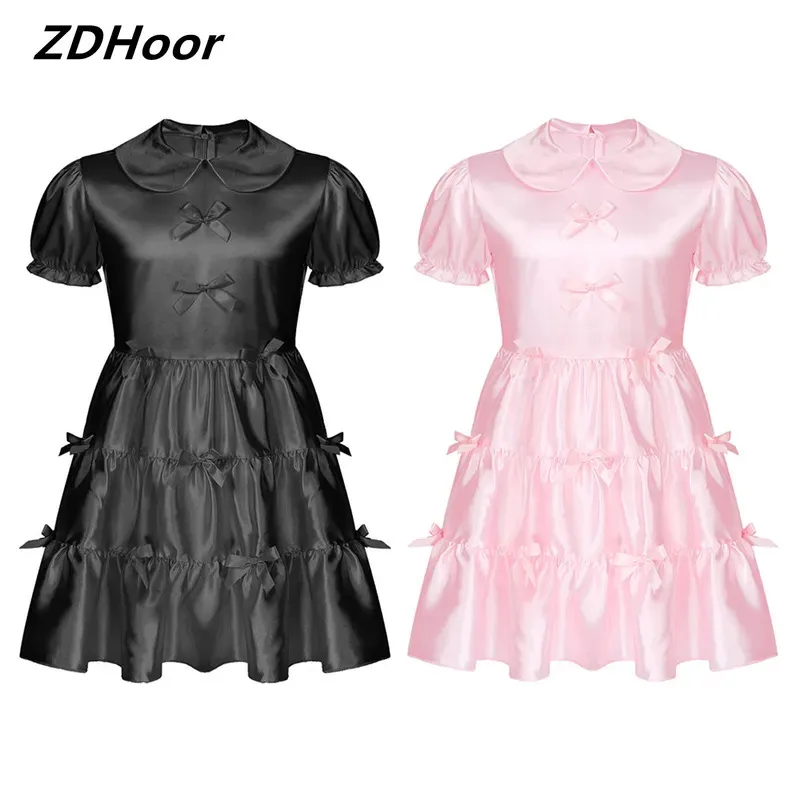 

Mens Halloween Servant Uniform Cosplay Costume Satin Puff Sleeve Bowknot Ruffle Dress Sissy Maid Theme Party Role Play Clubwear