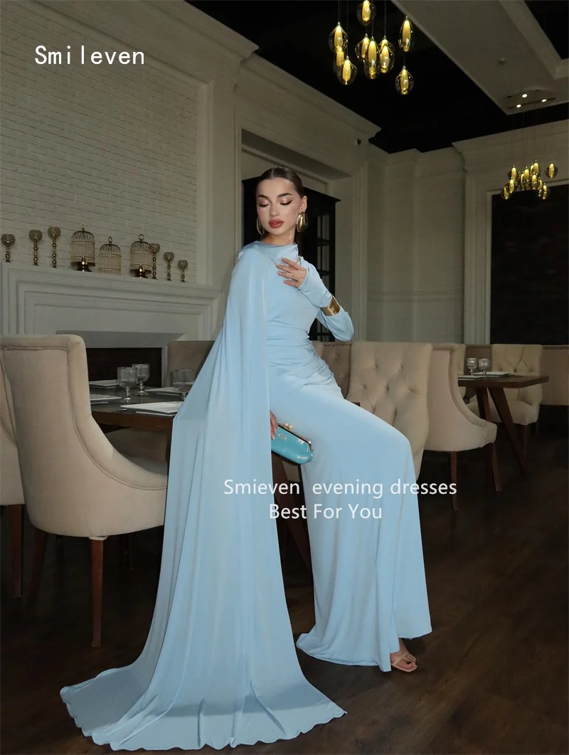 Smileven فستان كلاسيكي بحورية البحر باللون الأزرق السماوي للحفلات الراقصة شال سكوب فساتين سهرة عصرية بأكمام كاملة مناسبة مخصصة 2026