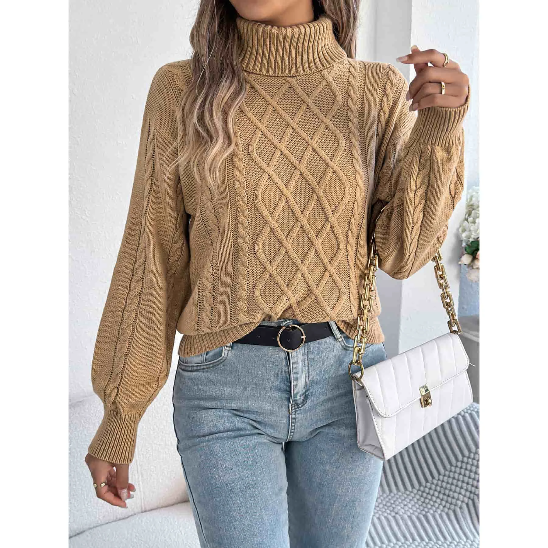 Loose for Fit Turtleneck Sweater for Women with Argyle Cable Knit Design and Polyester Fabric for Comfortable Daily Wear
