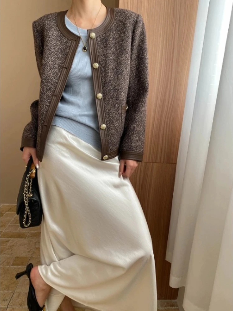 

PU Leather Patchwork Short Jackets 2025 Early Autumn New Coarse Woolen Cardigan Coat Women Vintage Elegant Tops Mujer