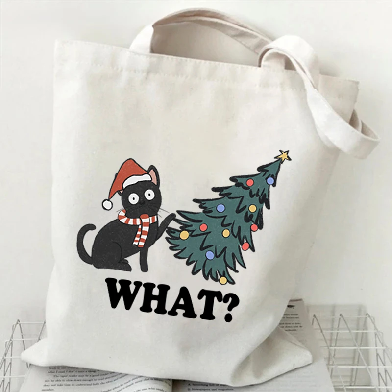 Cat What Cat Christmas Print Shopper Bag Anime Kawaii Tote Bag Borse Borsa Da Donna Borse A Tracolla Harajuku Beach Totes