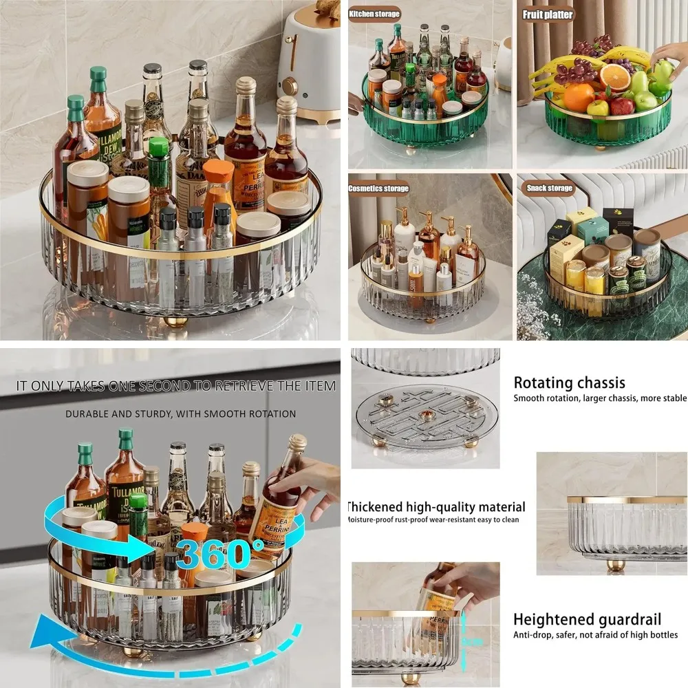 

Clear Round Rotating Kitchen Bin - Plastic Cabinet Organizer for Pantry, Countertop, Refrigerator