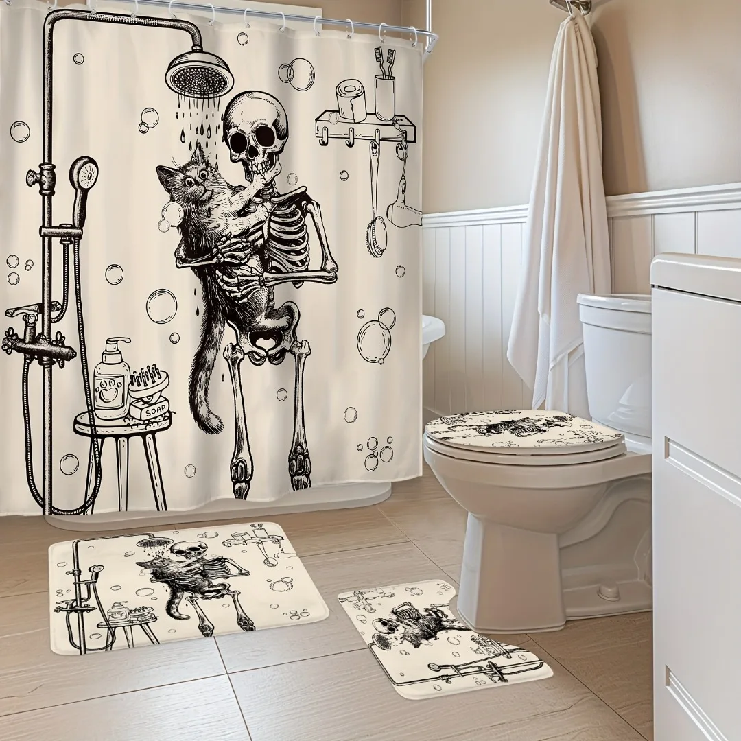 1/4 قطعة ديكور الهالوين غسل القط الهيكل العظمي نمط دش الستار ديكور الحمام هالوين الديكور ستارة الدش الداخلي #2