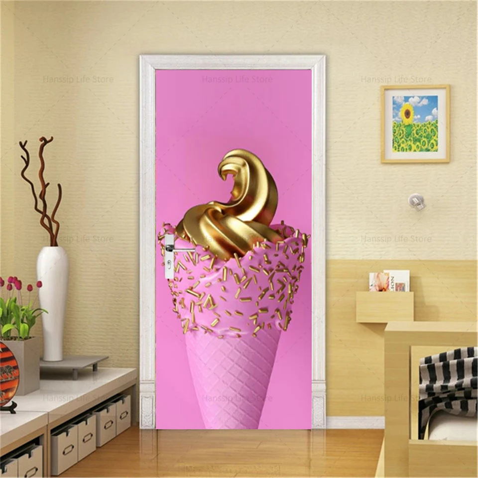 Pink Floral Door Mural Stickers Self Adhesive PVC Waterproof Home Decoration Full Door Wallpaper Romantic Flower Art Poster