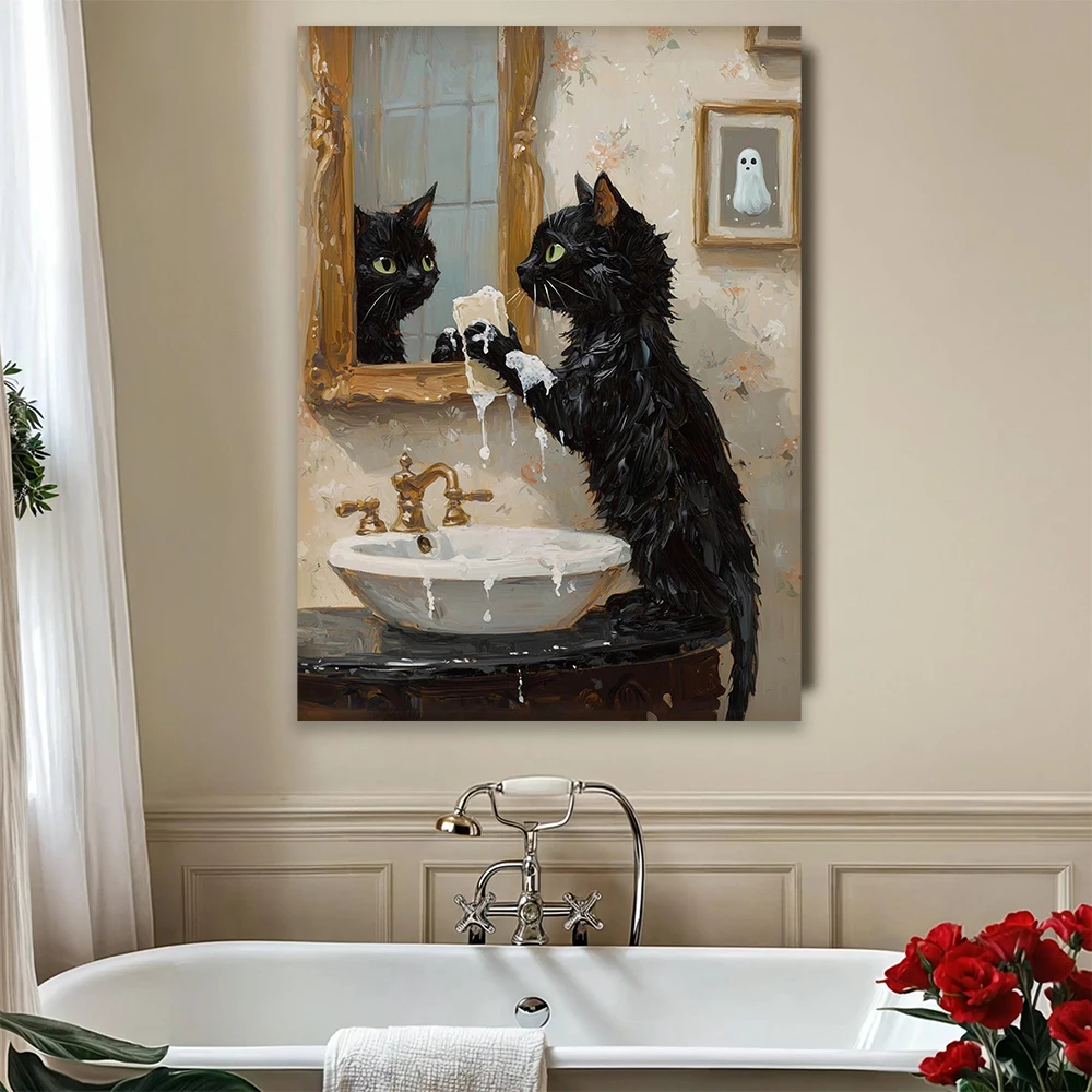 Black Cat Washing Paws in Bathroom Poster Cute Cat Prints Bathroom Decor Black Cats in Bubble Bath Canvas Painting Toilet Decor