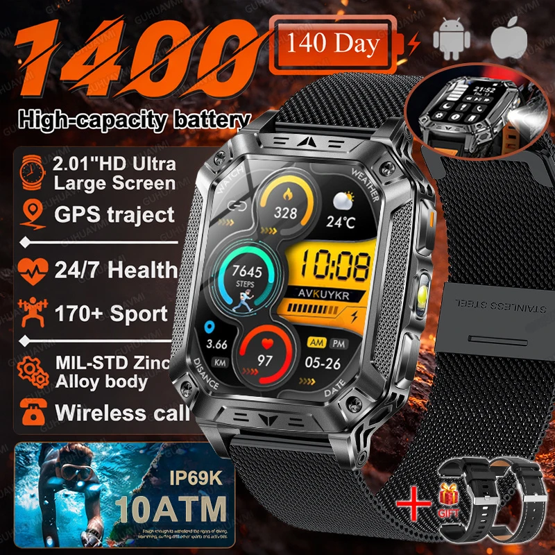 2026 Nieuwe 1400mAh Batterij Smart Watch GPS-pad Bluetooth Oproep 10ATM Waterdicht Zwemmen Sport Hardlopen Wandelen Buiten Militaire Smartwatch