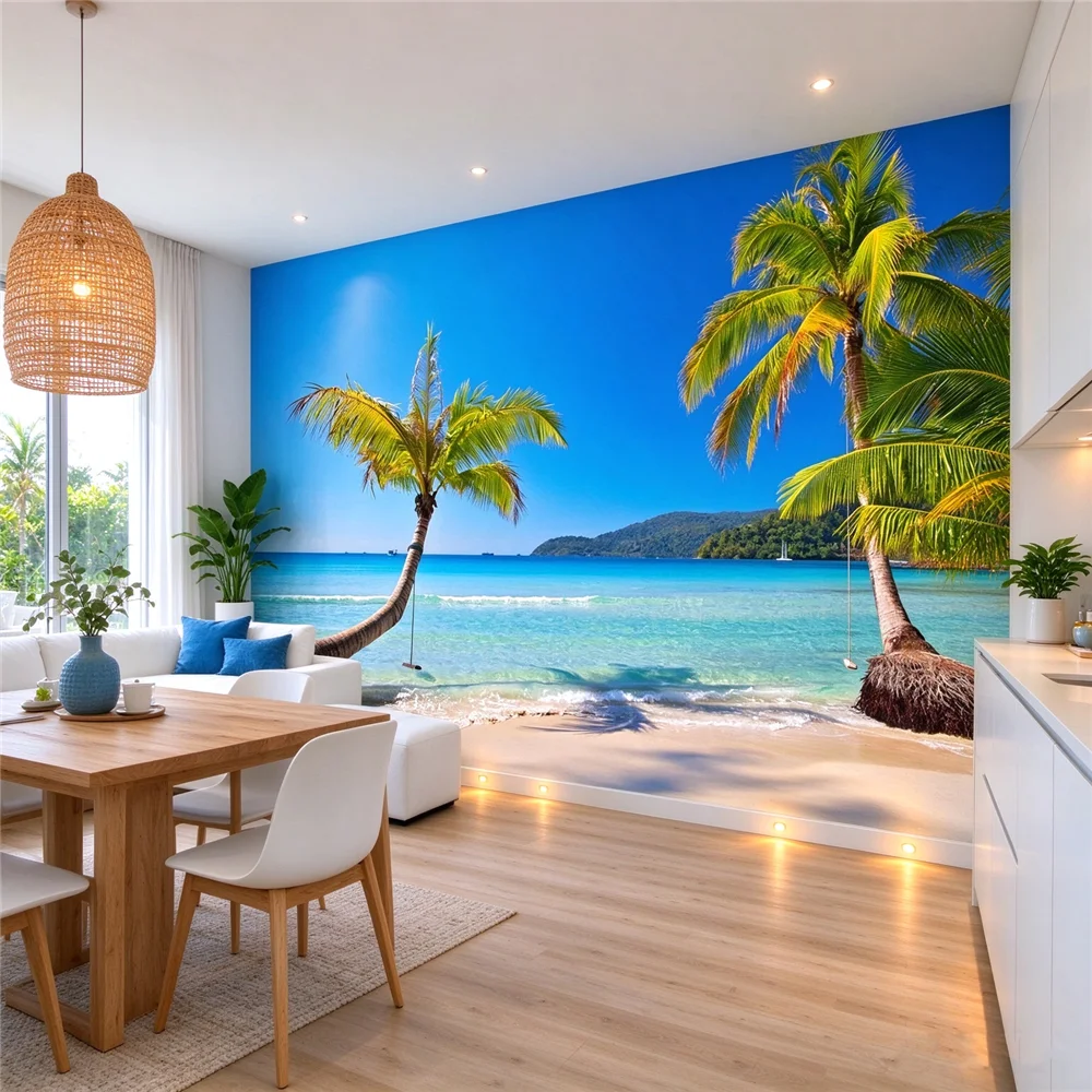 custom Mediterranean 3d wall paper landscape beach coconut TV background wall paper for sitting room wallpaper modern  Stickers
