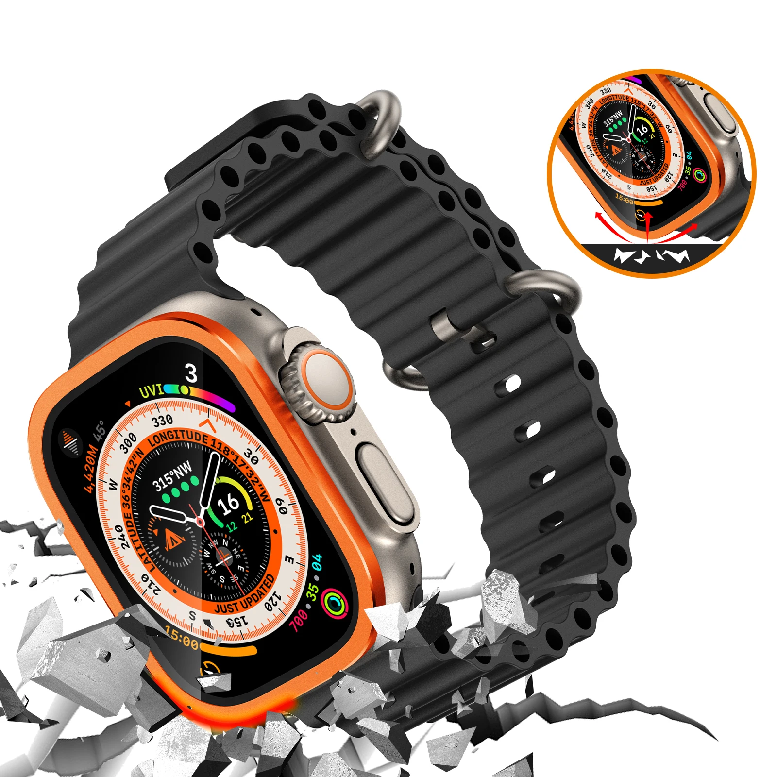 Apple Watch Ultra 49mm / Ultra 2 49mm ケース アルミニウム合金時計カバー 強化ガラスフィルム付き - オレンジ