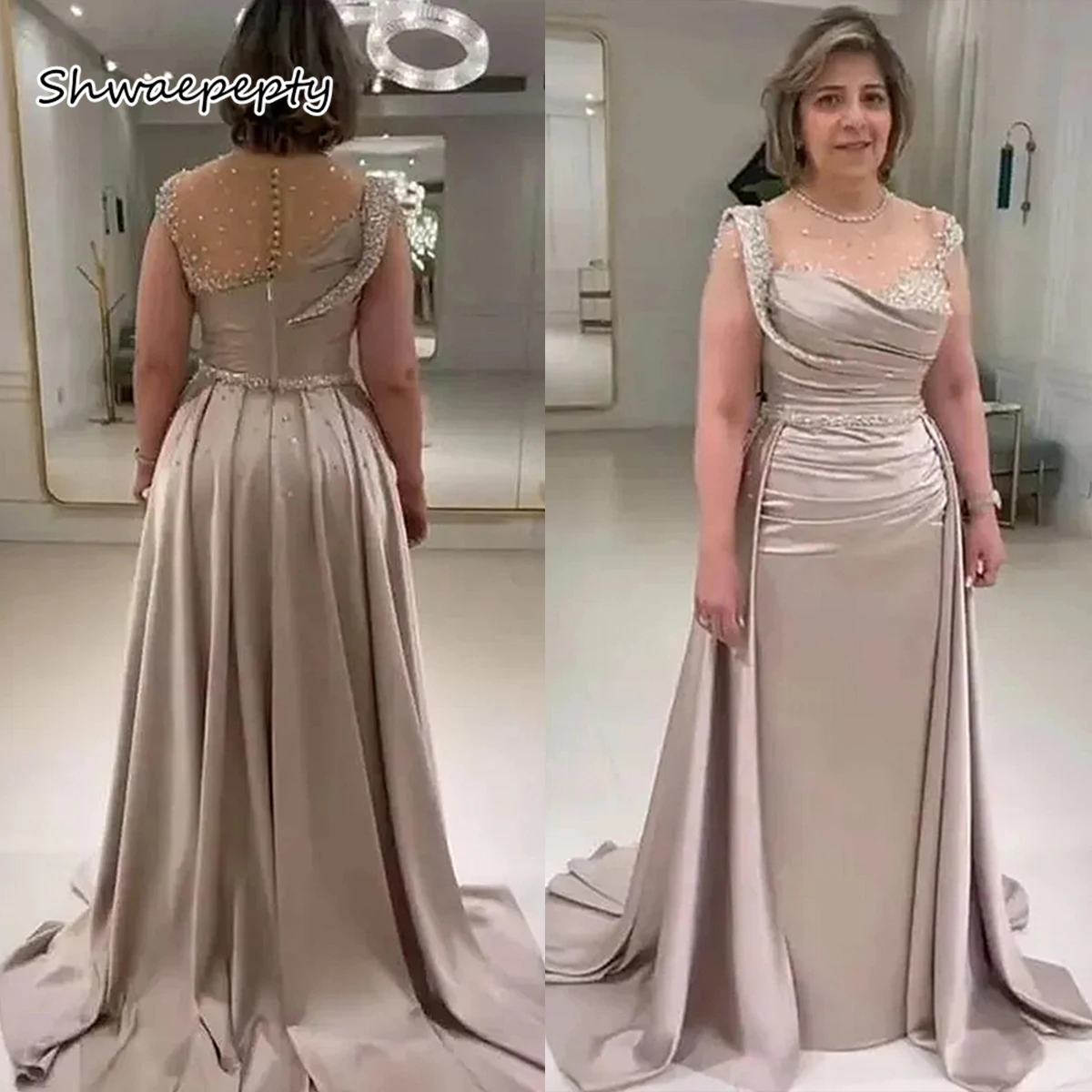 Elegant Champagne Long Mother Formal Dress Beaded Sheer Illusion Neck Straight Satin Wedding Party Dress With Detachable Train