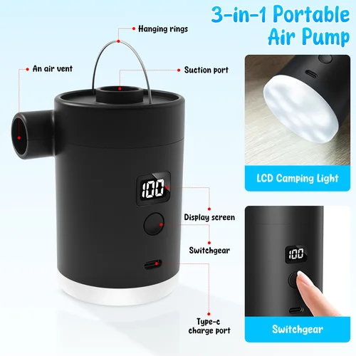 Imagen 2 del producto Bomba de inflado inalámbrica portátil, Mini bomba de aire para exteriores con pantalla Digital de potencia y LED para bolsa de vacío para acampar, cojín de aire, nuevo