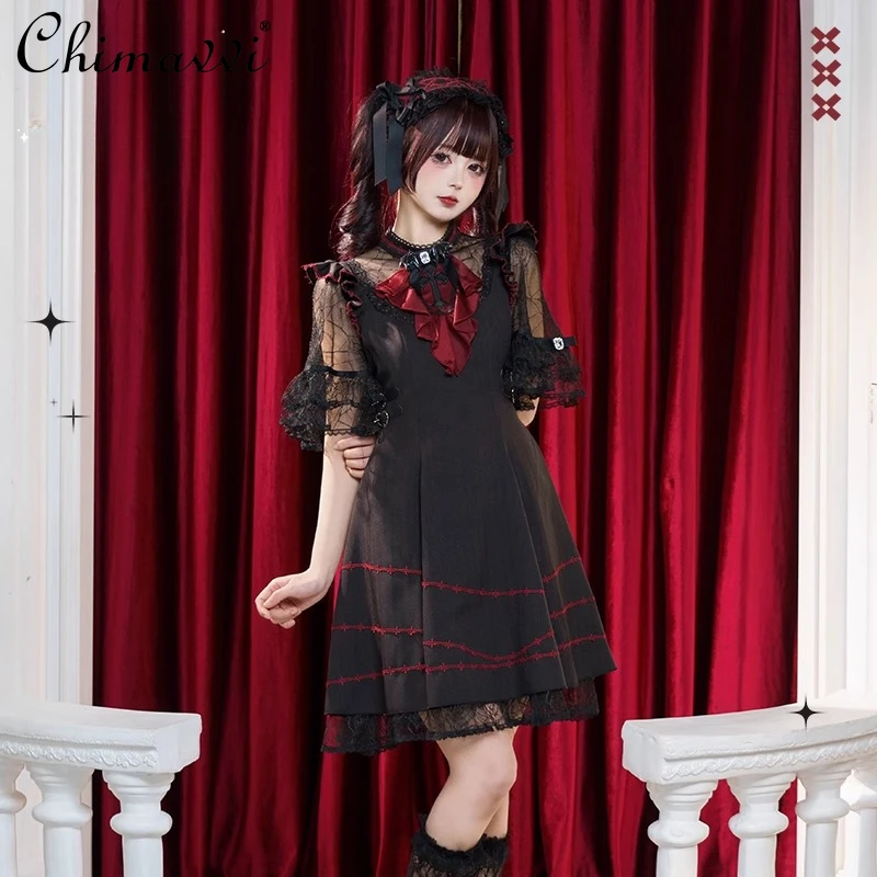 

Original Gothic Dark Girl OP Short-sleeved Dress Summer 2025 New Japanese Mine Lace Stitching Slim Temperament Lolita Dress