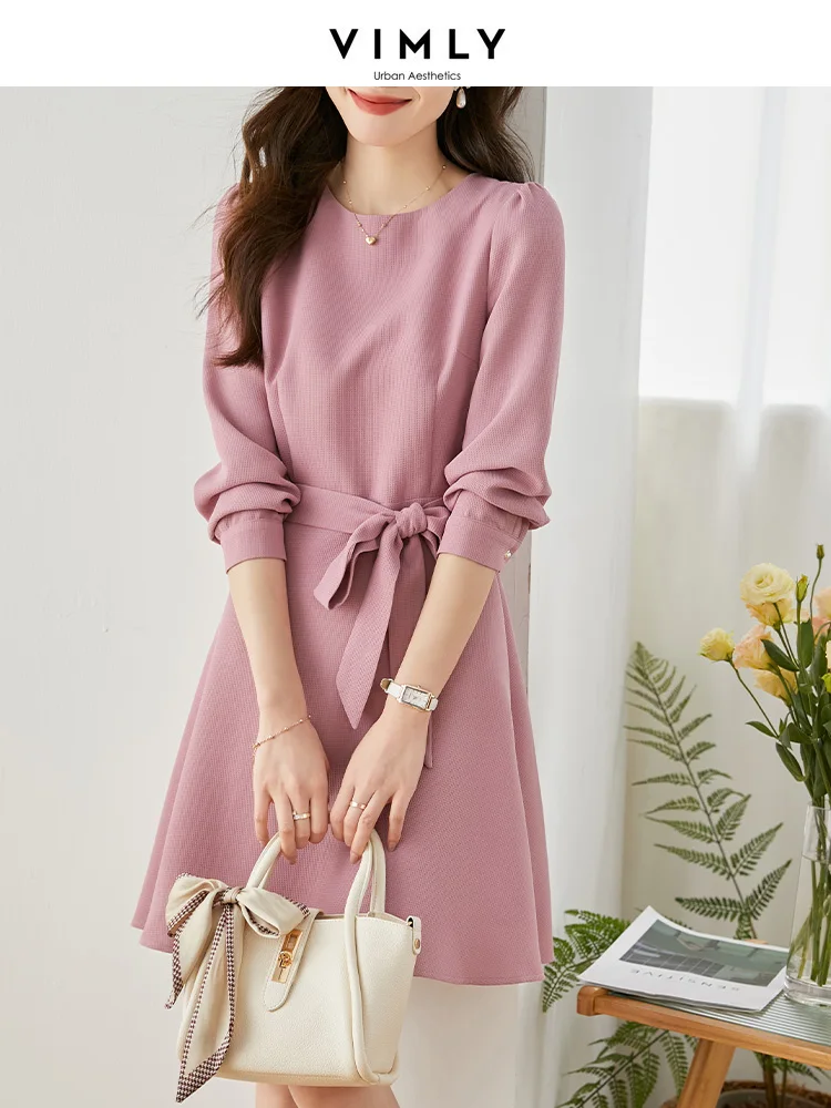 Vimly Vintage Pink Mini Dress for Women Spring 2023 New Korean Style Long Sleeve A Line Slim Belt Birthday Dresses Robe V7798