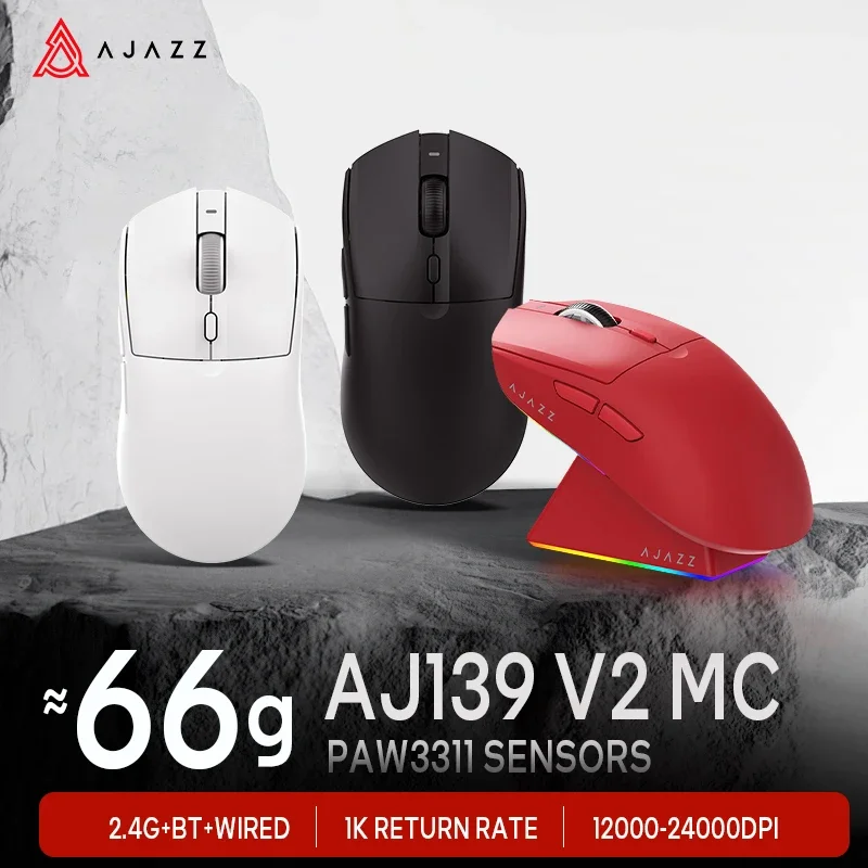 AJAZZ AJ139 V2 MC Three-mode Wired/Bluetooth/2.4G Wireless Gaming Mouse PAW3311 Sensor 500mAh Mouse Suitable for PC Gamers
