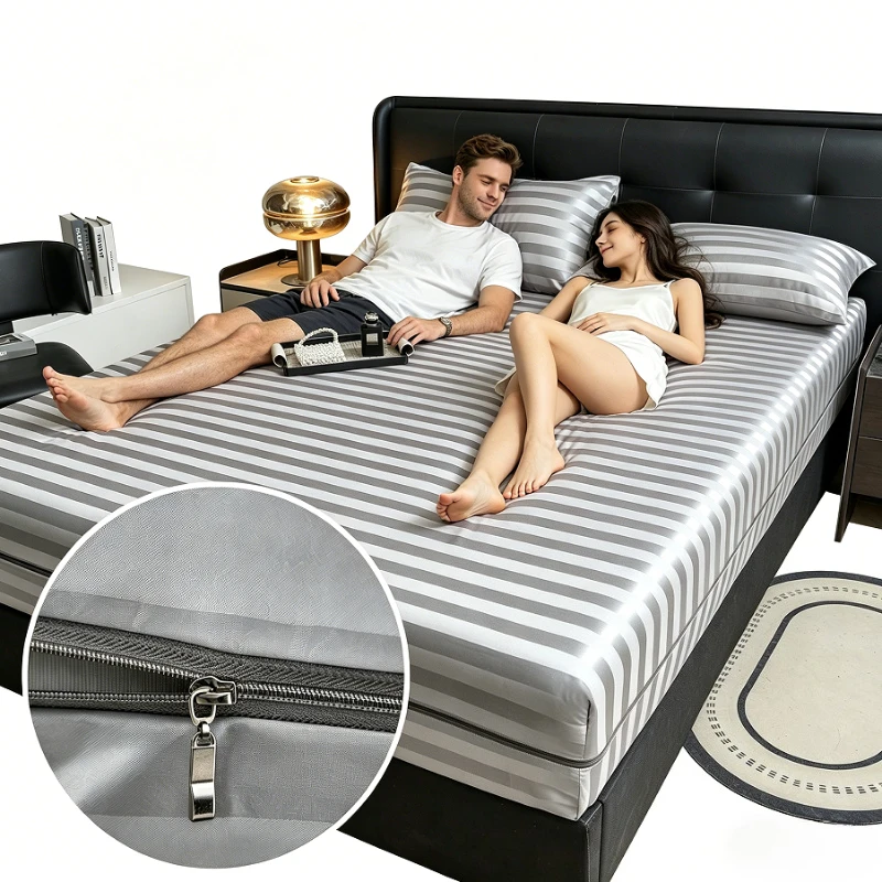 

6-Sided Zipper Mattress Encasement Luxury Cooling Satin Dustproof Mattress Protector, Full All Around Deep Pocket Mattress Cover