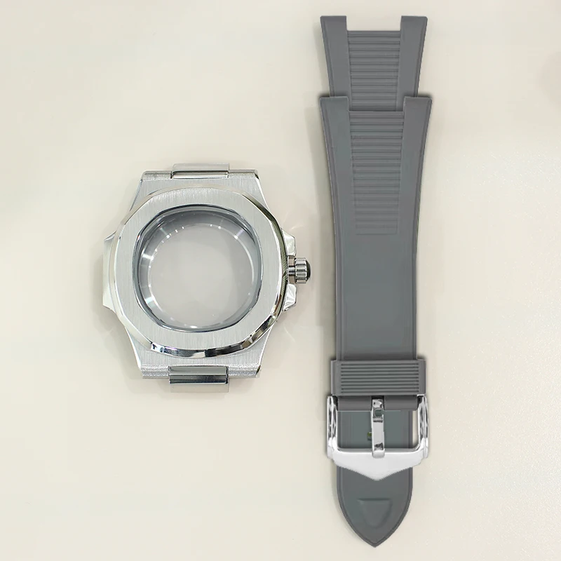 40mm Silver Watch Case Rubber Strap Sapphire Glass For Mod Nautilus NH35 NH36 NH38 NH70 Movement Fit 30.5mm NH35 Dial glass back