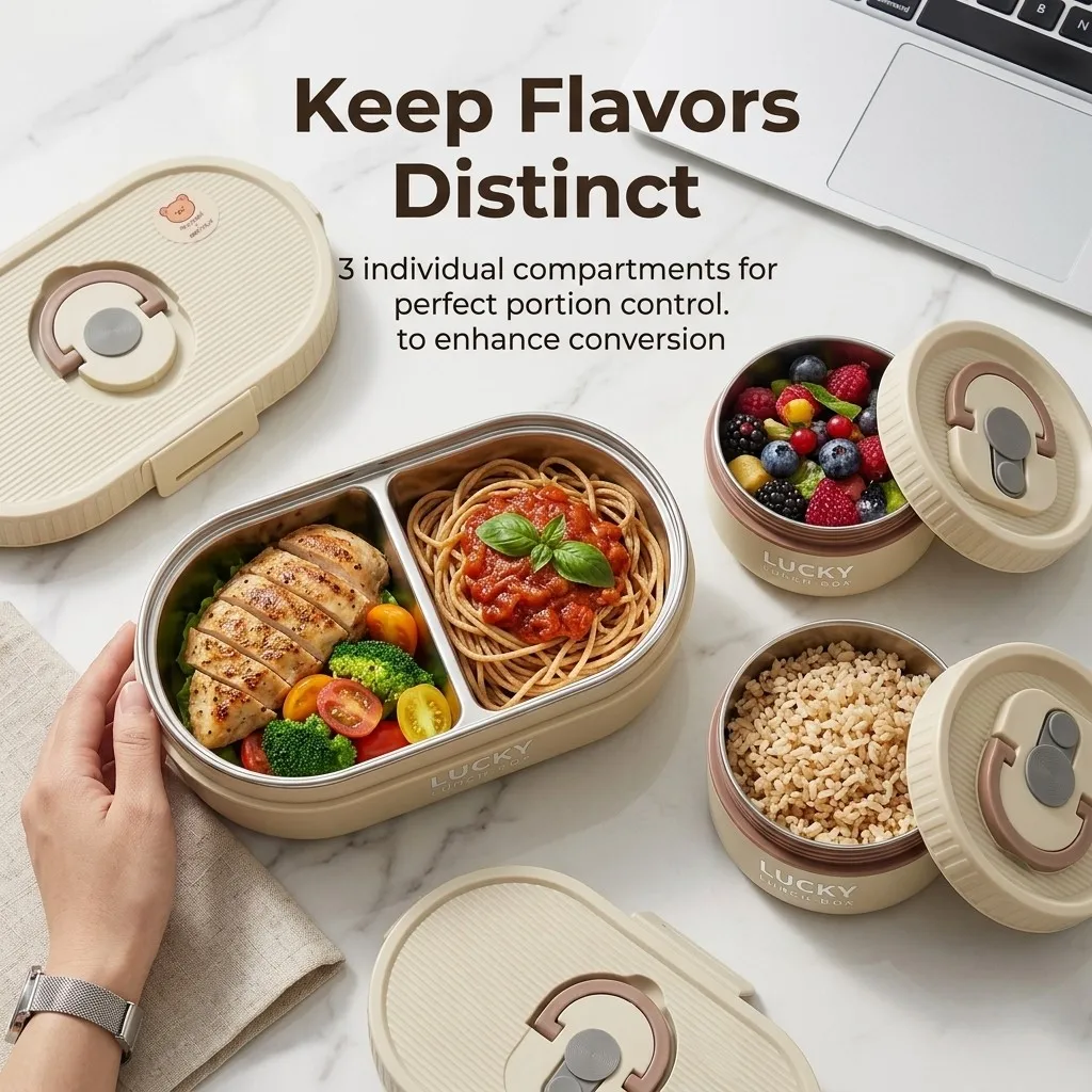 Microwave Safe Stainless Steel Lunch Box Leakproof Bento Box Set Portable Food Storage Containers for Adults Kids School Office - view 6