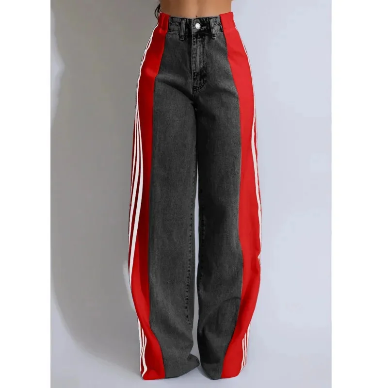 Splicing Three Stripe Wide Leg Denim Pants Women Casual High Waisted Elastic Straight Leg Pants Color Block Straight Trouser