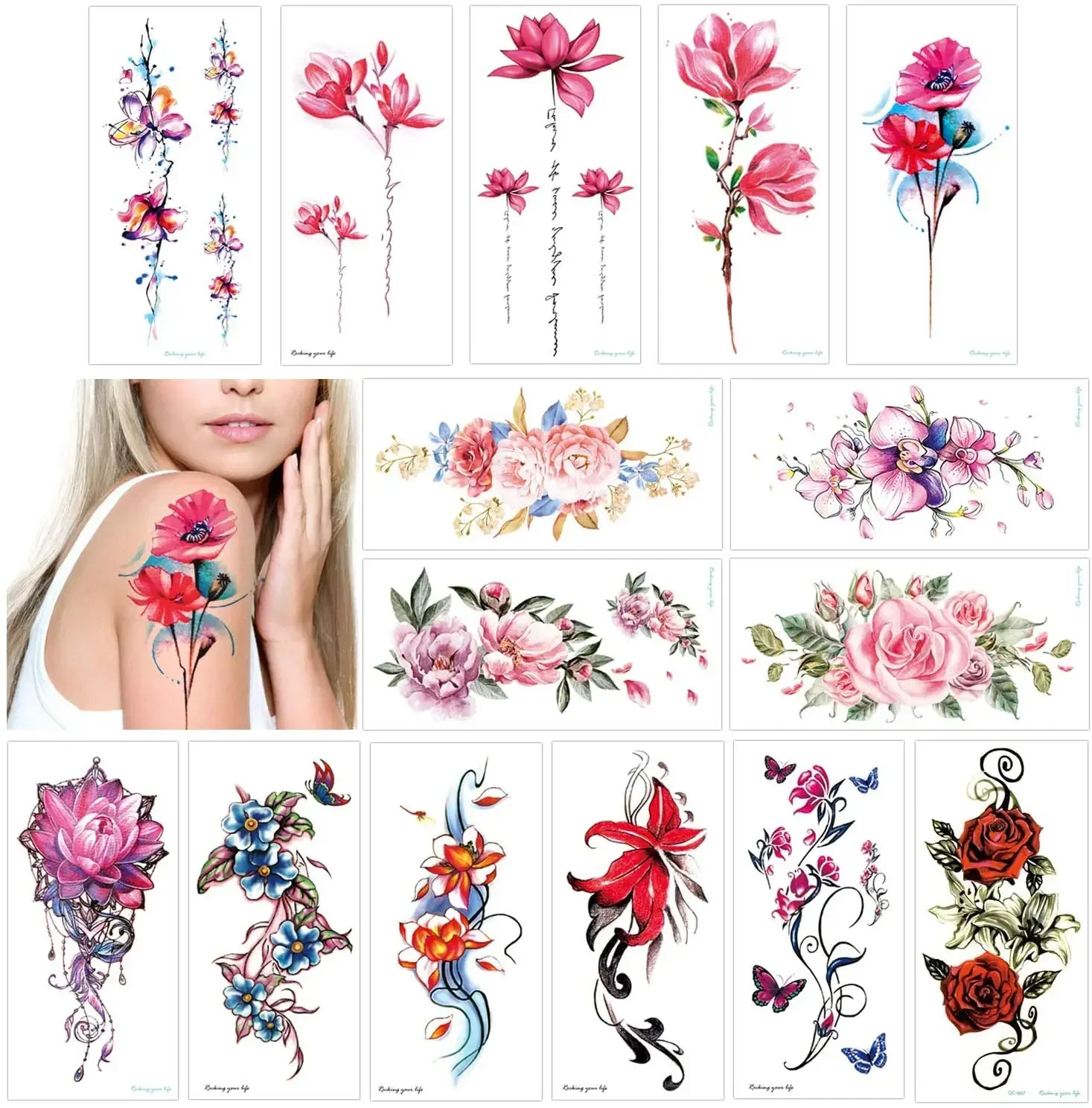 Waterproof Temporary Tattoo Sticker Flower Rose Flash Tattoos Lalash Tattoos Floral Wreath Body Art Arm Fake Sleeve Tatoo Women