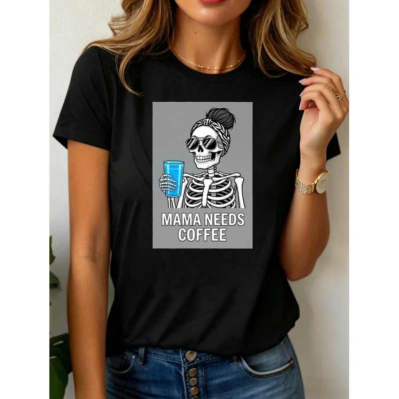 Casual Funny Skeleton Mama Needs Coffee Halloween Women's T-shirt Graphic Tee Party Wear Female Tops 90s Clothes