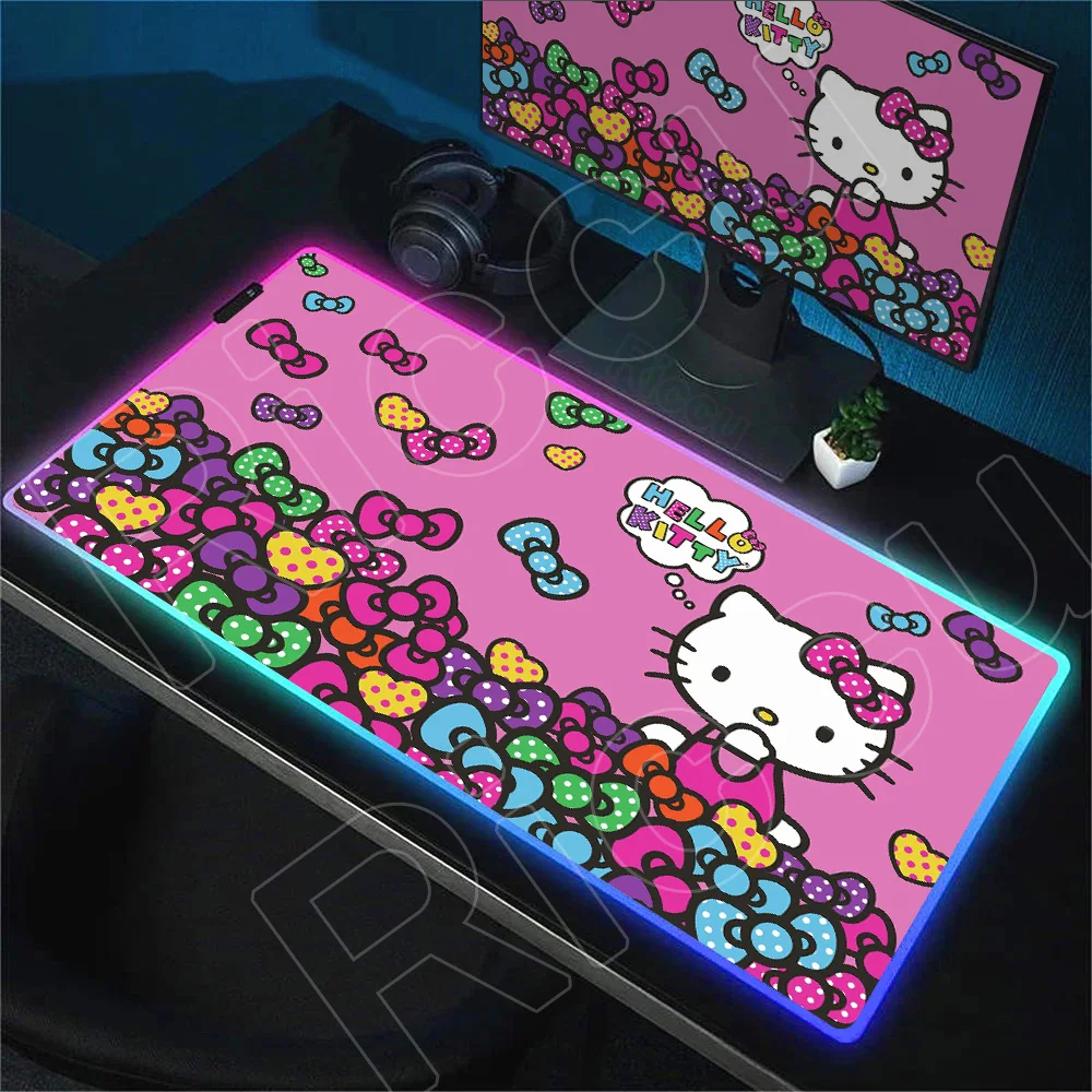 Hello Kitty Large RGB Mousepad 40x90cm Computer Desk Pad Cartoon Cute Luminescence Keyboard Pad Sanrio Kawaii Pink LED Mouse Pad
