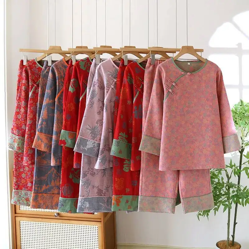 طقم بناطيل جاكار منسوجة من القطن الوطني طقم بيجاما نسائي بإبزيم بتصميم عتيق فضفاض يسمح بمرور الهواء ورقبة مستديرة بيجاما موجر