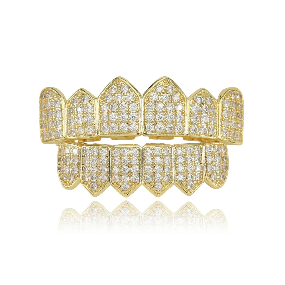 1set Hip Hop Iced Out Teeth Grillz Gold Plated Dental Grills Rock Tooth Grillz Caps Crystal Teeth Caps Halloween Vampire Tooth