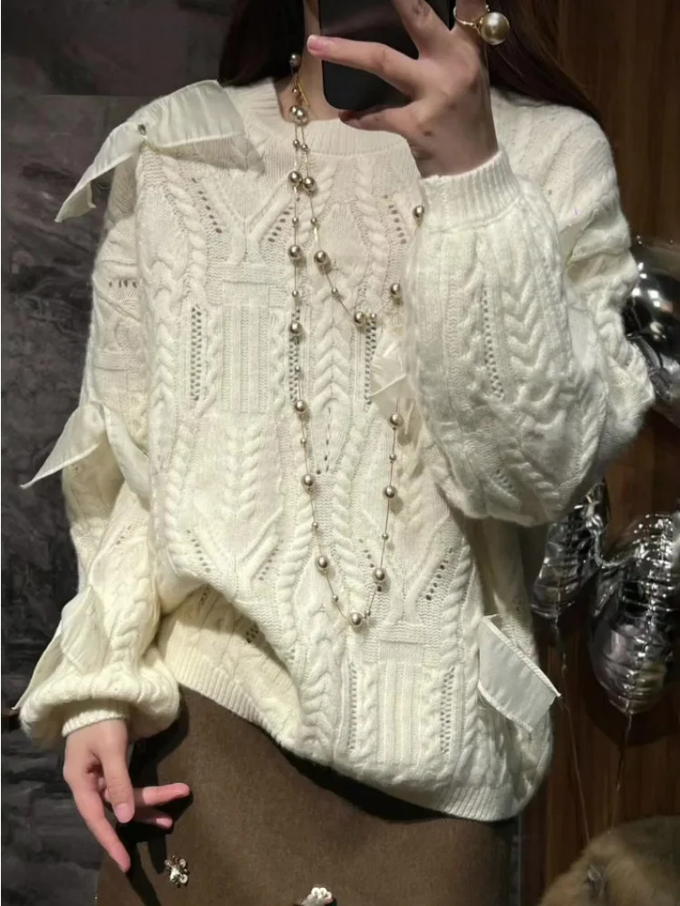 

La Chapelle женский свободный вязаный свитер с запахом Sa, белый весенне-осенне-зимний базовый слой, корейский Sle для поездок на работу