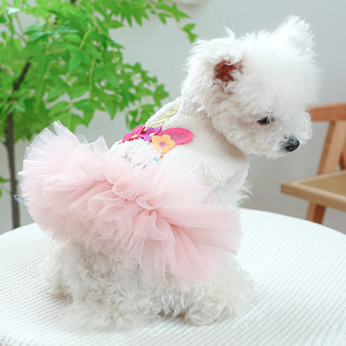 1PC Pet Apparel Dog Autumn/Winter Thickened  White Unicorn Princess   Yarn Dress With Drawstring Buckle For Small Medium Dogs