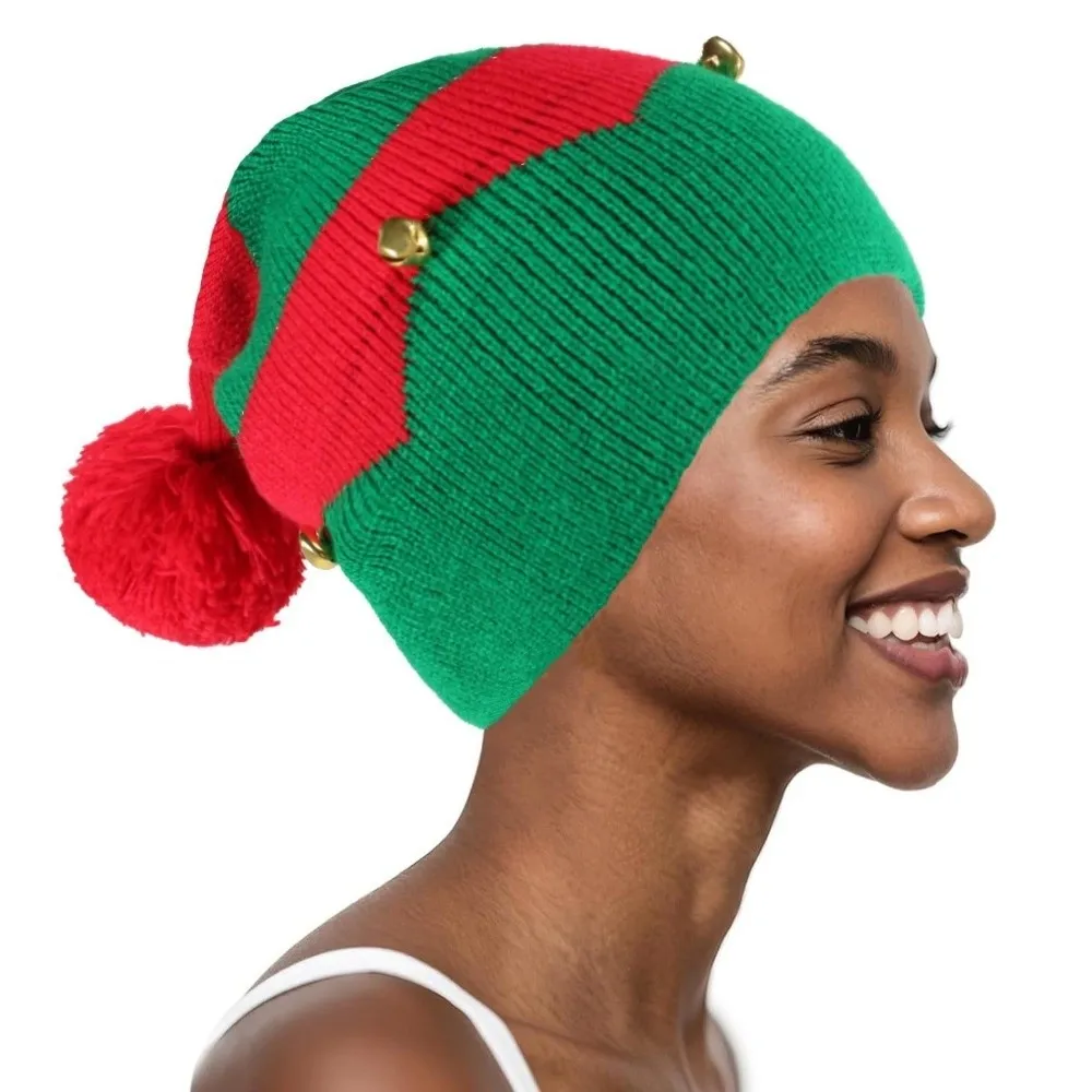 Creativo con pompon Berretti natalizi lavorati a maglia Cappelli Maglia calda con campanelli Cappello a strisce natalizie Regalo con berretto all'uncinetto di colore rosso verde