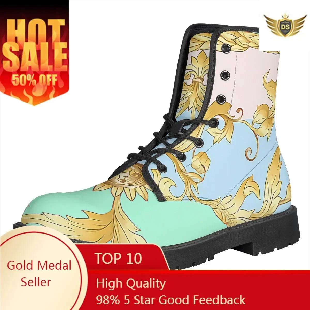 

PU Leather Boots Women Blue And Golden Victoric Style Ankle Boots Motorcycle Boots Autumn Winter Shoes 2021