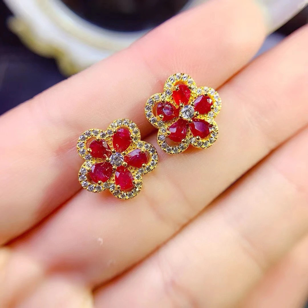 

KJJEAXCMY Fine Jewelry Natural Ruby Flower Shaped Women's Earrings S925 Pure Silver Exquisite Inlaid High Clarity Support Test