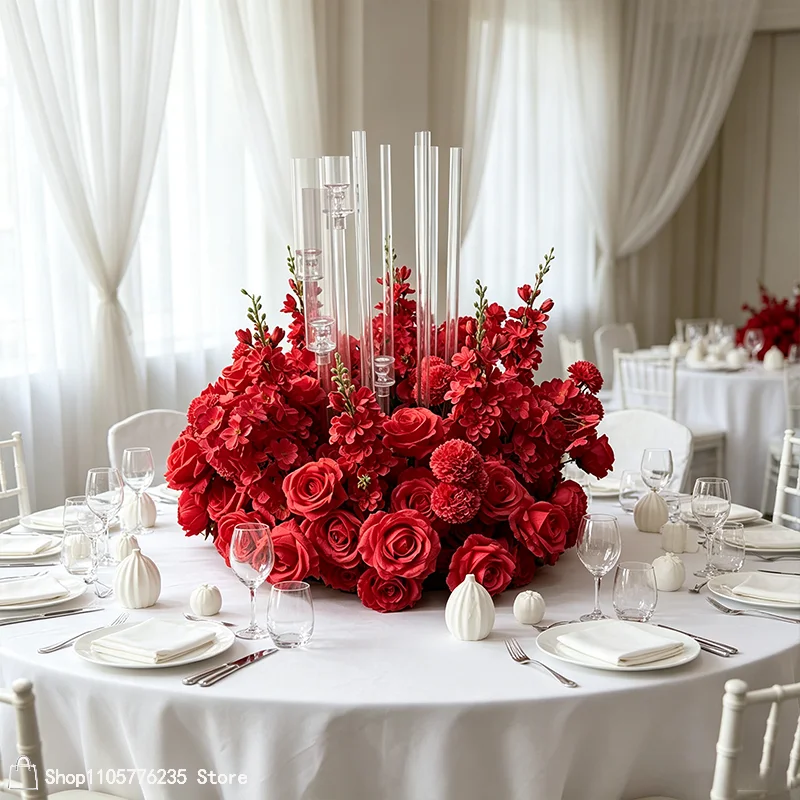 Rote Rose Delphinium Künstliche Blume Hochzeitstisch-Mittelstück Kranz Blumenarrangement Bankett Hotel Dekoration 30/40/50/60/70CM – Detail 2