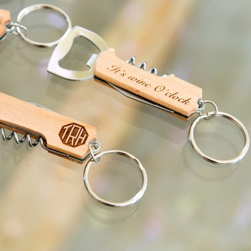 1pcs Free Custom Wooden Beer Bottle Opener Engraving Logo Wedding Key Chain Wine Stainless Steel Opener Gift Bar Party Accessory