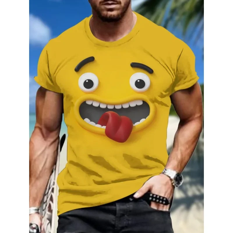 

Men's 3D Digital Cartoon Funny Face Print Round Neck Short Sleeve T-Shirt Casual Polyester Knit Tee Streetwear Top for Summer