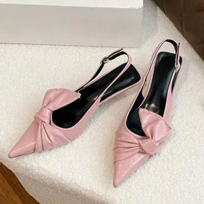 

Thin Heel Baotou Slippers Spring New Pointed Head Shallow Mouth Butterfly Knot Line with Anti-slip Wear-resistant Low Heel Shoes