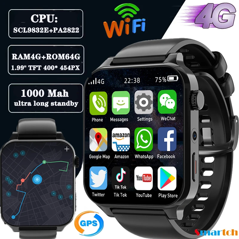 2024 RAM 4GB ROM 64GB 1.99 Inch 4G Call Smart Watch GPS Wifi SIM Dual Camera Heartrate Testing Waterproof Sports Men Smartwatch