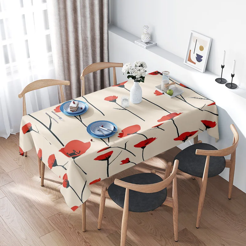 Modern Flower TableclothRed Poppies Pattern for Dining Room Decor Washable Kitchen Towel Linen Reversible Home Decoration