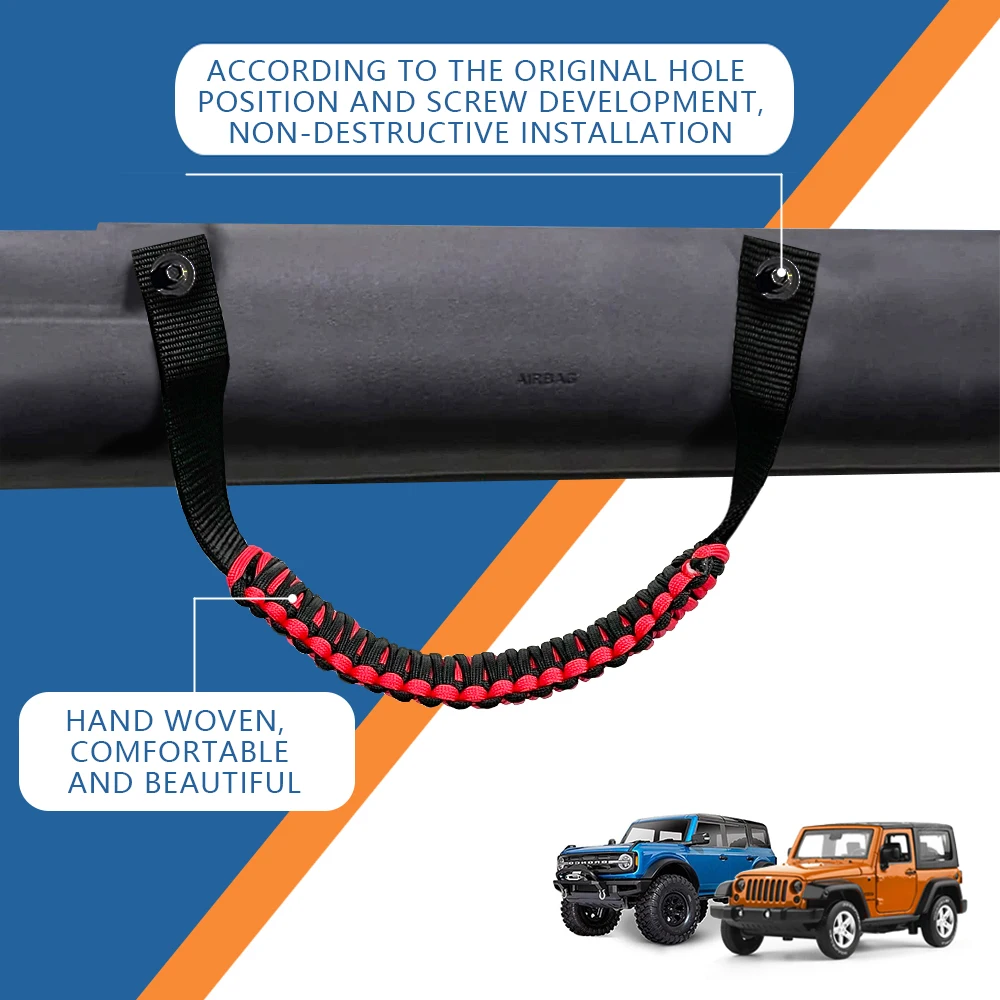 Grab Handles For Ford For Bronco 2021 2022 2023 2/4 Doors, Roll Bar Paracord Grip Handles, Interior Accessories