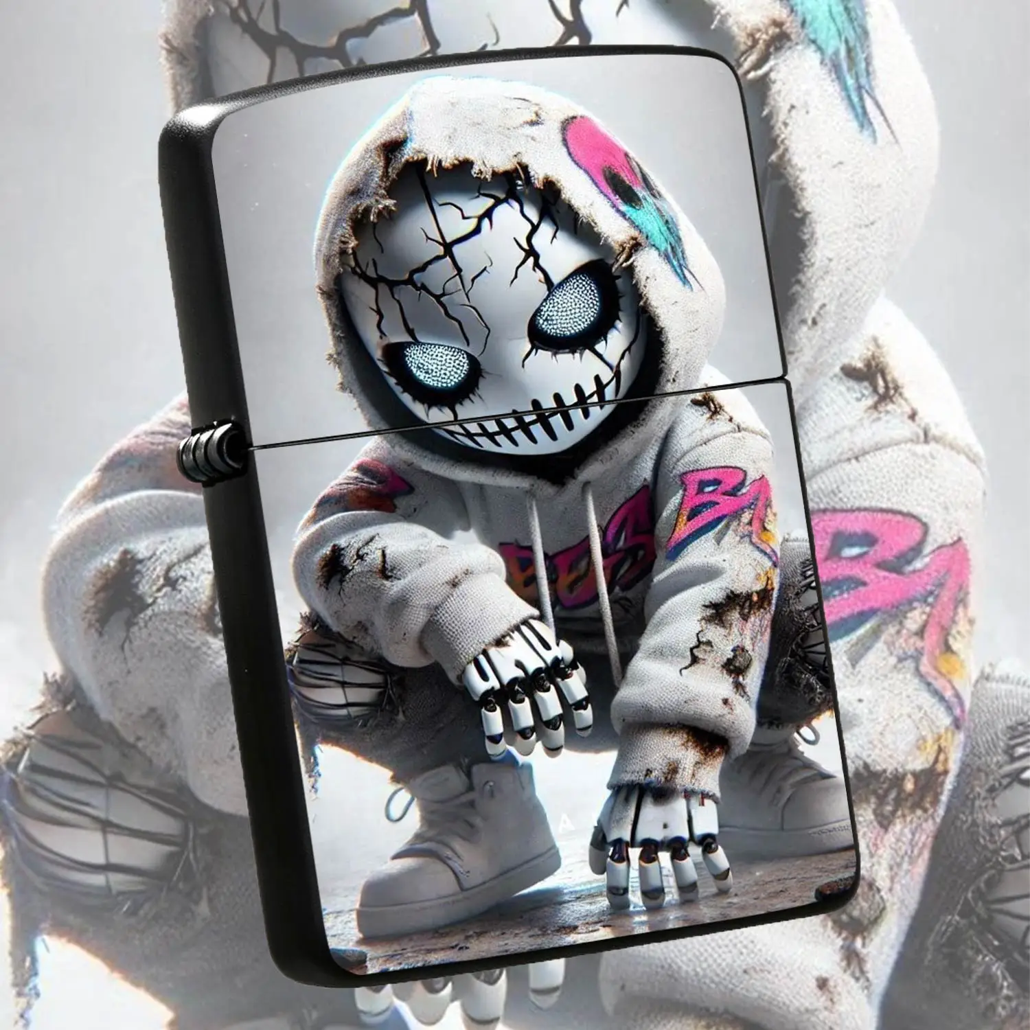 Cool Graffiti Cracked Mask Character Portable Igniter Street Art Print Trendy Daily Carry Item Multi-Scene Applicable Creative Stylish Accessory For Outdoor Travel Gifting Daily Use A Humorous And Interesting Lighter