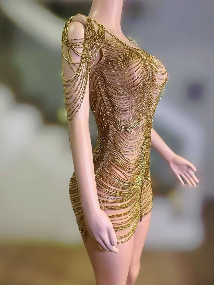 Wysokiej jakości łańcuszek z kryształkami seksowna prześwitująca sukienka z siateczki 2025 nowych moda niestandardowa odzież damska