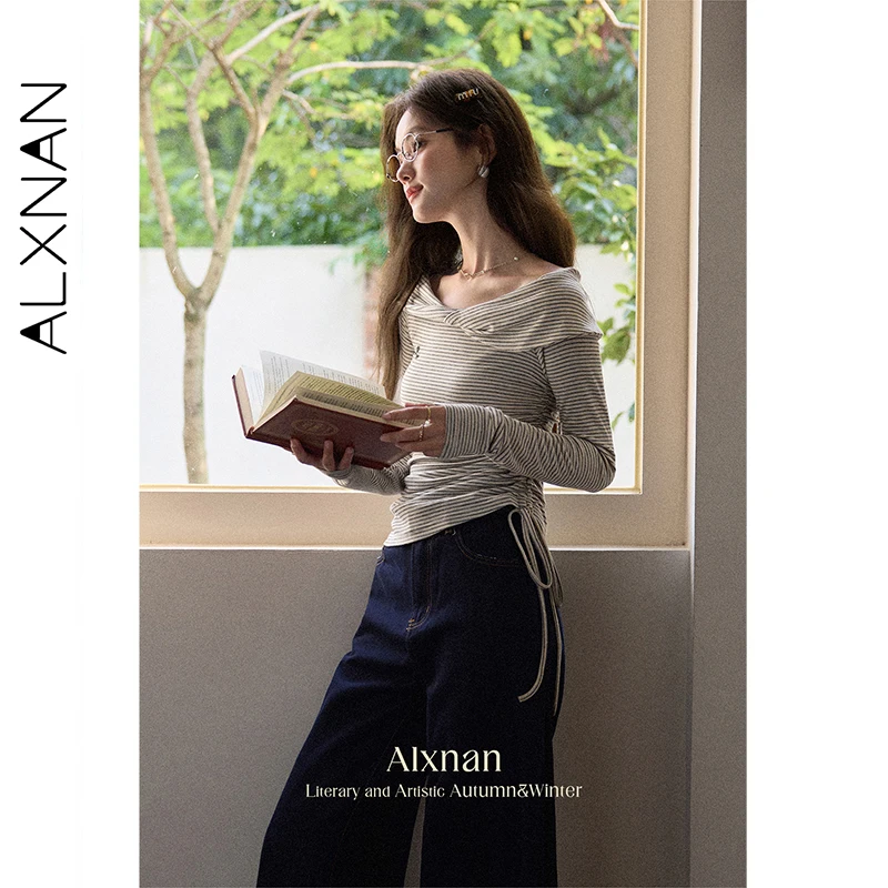 ALXNAN Plue Size Black White Striped T-shirt Women's Irregular One-shoulder Long Sleeve T-shirts Slim-fit Tops Female D12607