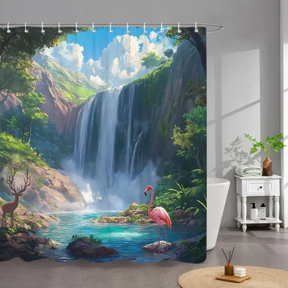 

1pc Fantasy Waterfall Shower Curtain - Vibrant Tropical Landscape with Pink Flamingo & Majestic Deer, Machine Washable Polyester