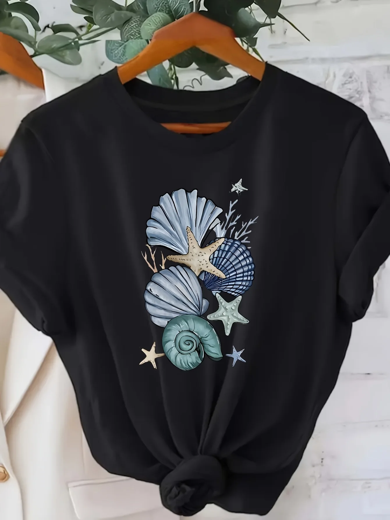 Feminino casual manga curta com concha estrela do mar impressão gráfica harajuku manga curta casual camiseta feminina roupas de rua